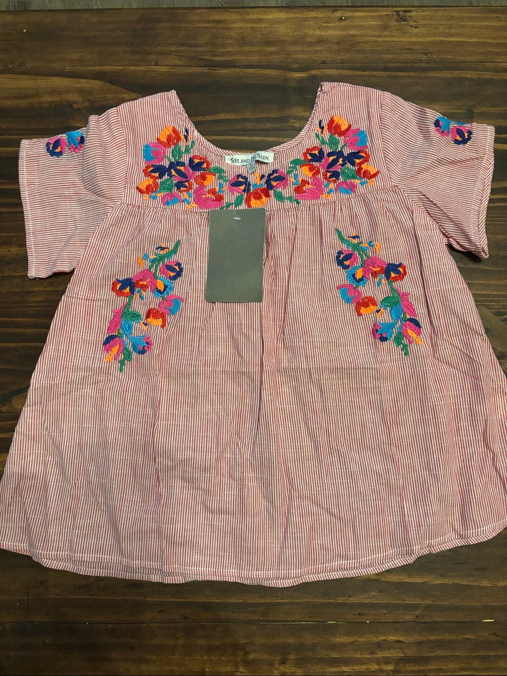 SEE AND BE SEEN girl's stripe  embroidered top large new